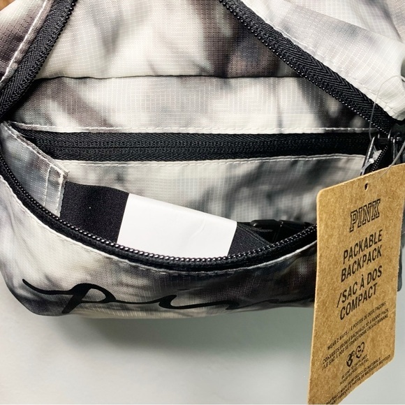 Victoria’s Secret PINK Packable Backpack Belt Bag Black/Gray Abstract Tie Dye - Picture 8 of 11